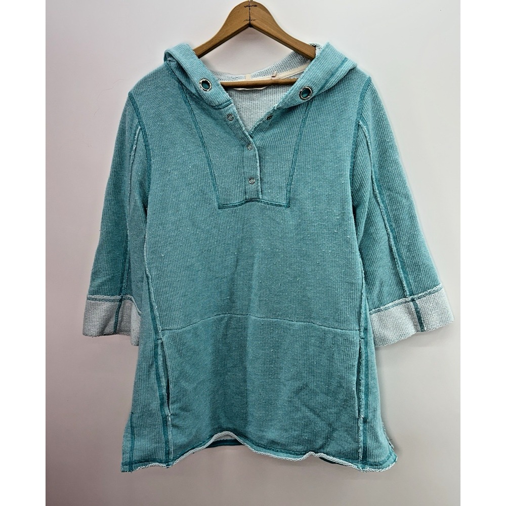 Soft Surroundings Pullover Hoodie Top Front Pocket Teal Color Women's Size LARGE